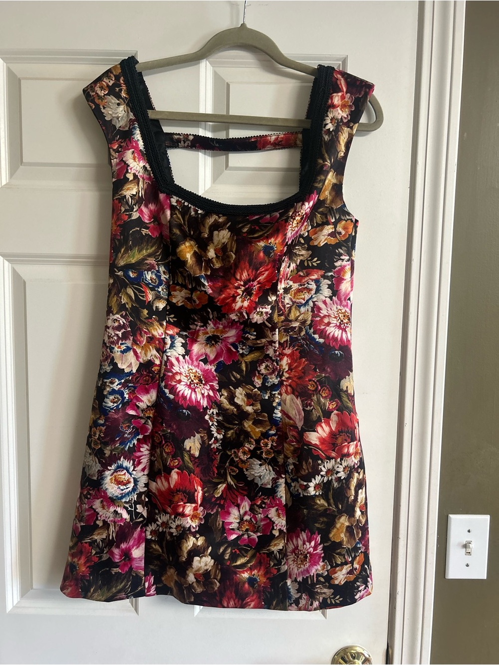 Anthropologie Floral Square-Neck Dress in Black with Pink & Red Blooms
